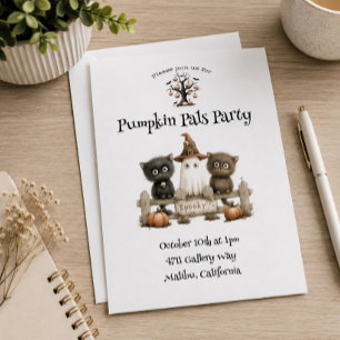 Invitación Fiesta de Halloween Adorable Gatos Negros Fantasma