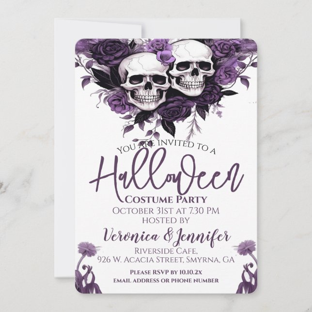 Invitación Fiesta de Halloween Adultos Purple Floral (Anverso)