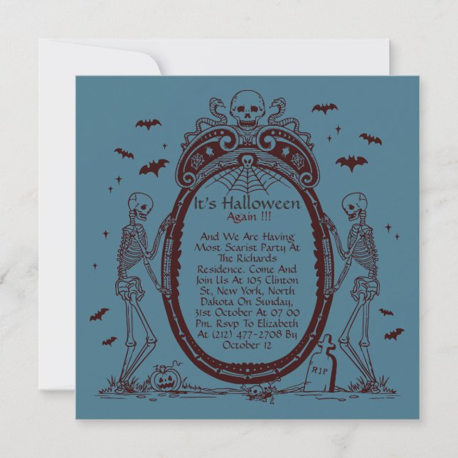Invitación Fiesta de Halloween Azul con Marco Antiguo (Anverso)