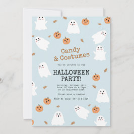 Invitación Fiesta de Halloween azul dulce fantasma y calabaza