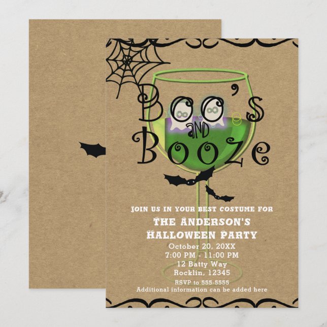Invitación Fiesta de Halloween Boos & Booze Fantasmas y Murci (Anverso / Reverso)