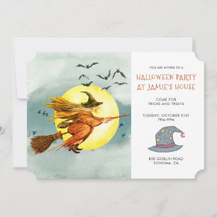 Invitación Fiesta de Halloween Bruja en Escoba Luna Llena