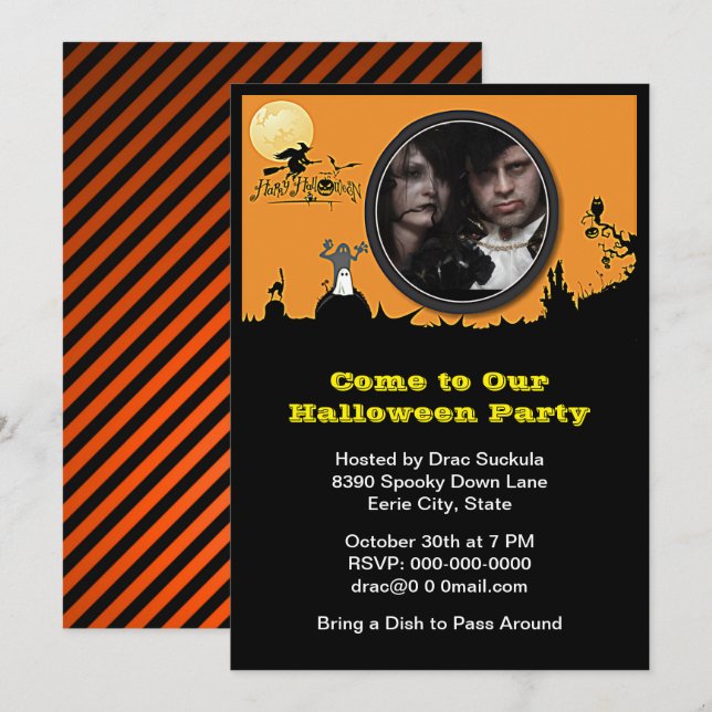 Invitación Fiesta de Halloween, bruja, fantasma, gato, agrega (Anverso / Reverso)