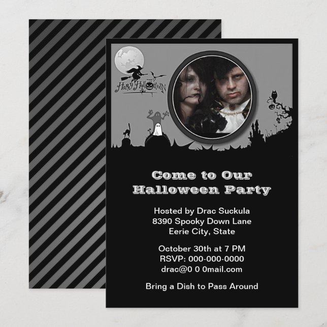 Invitación Fiesta de Halloween, bruja, fantasma, gato, B&W Añ (Anverso / Reverso)