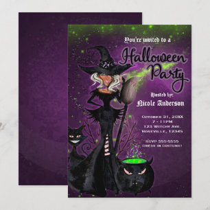 Invitación Fiesta de Halloween Bruja Glam en Negro Verde Púrp