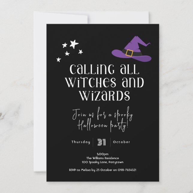 Invitación Fiesta de Halloween, brujas y magos (Anverso)