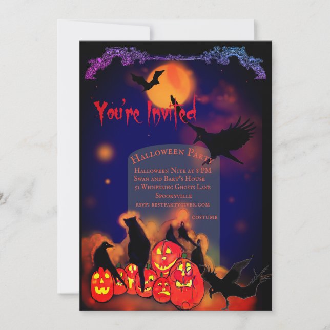 Invitación Fiesta de Halloween Calabazas Brillantes Cuervos G (Anverso)