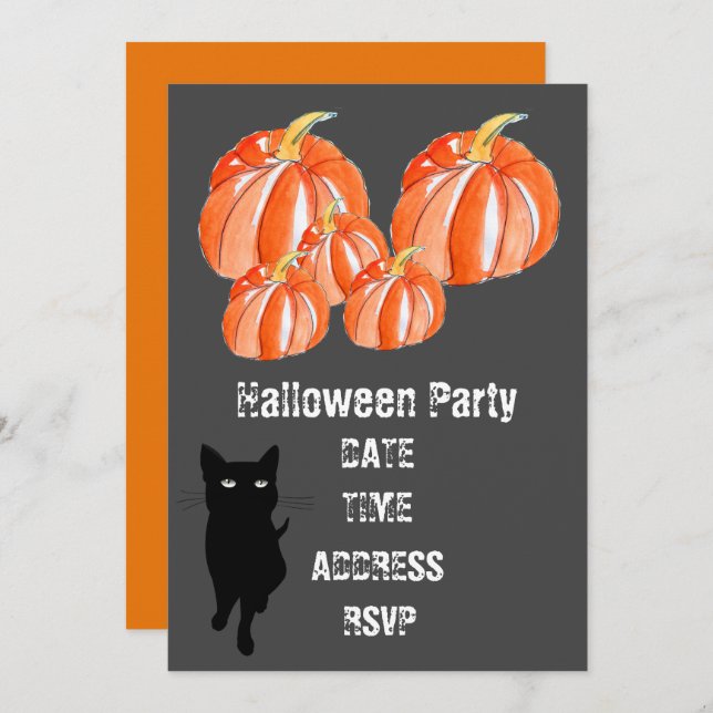 Invitación Fiesta de Halloween calabazas lindas con gato negr (Anverso / Reverso)