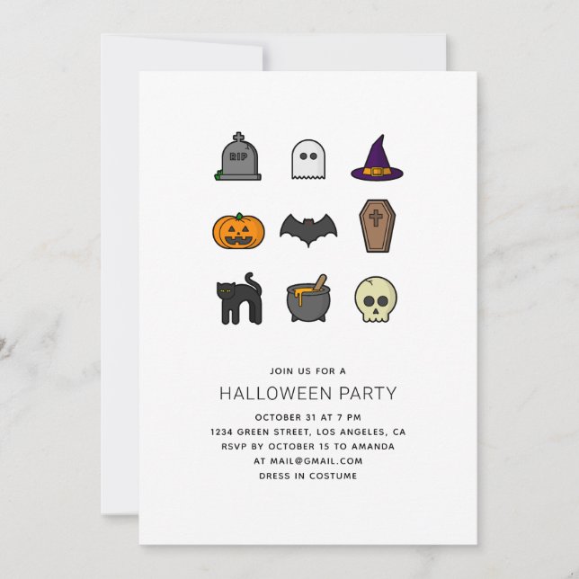 Invitación Fiesta de Halloween. Calavera, calabaza, murciélag (Anverso)