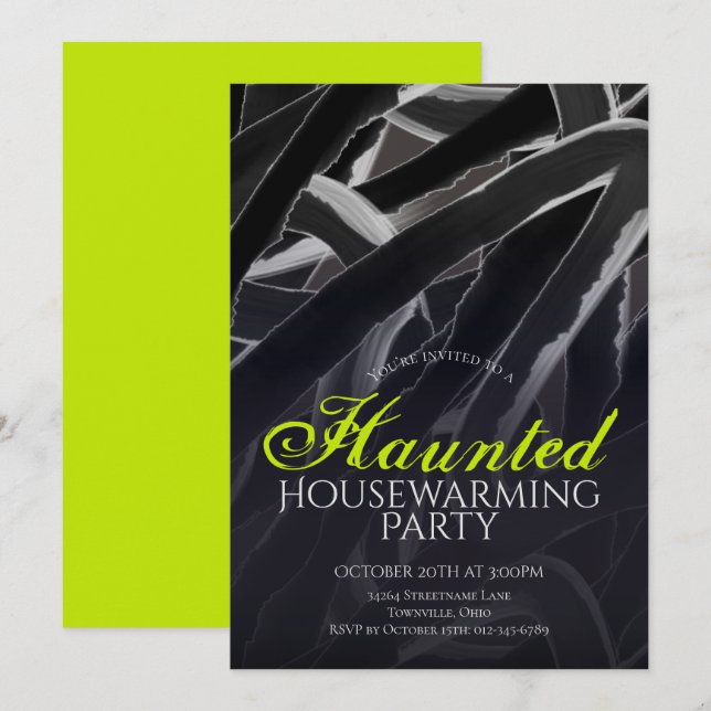 Invitación Fiesta de Halloween Casa Embrujada Gris Verde (Anverso / Reverso)