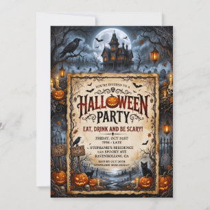 Invitación Fiesta de Halloween Casa Embrujada Murciélagos Gat