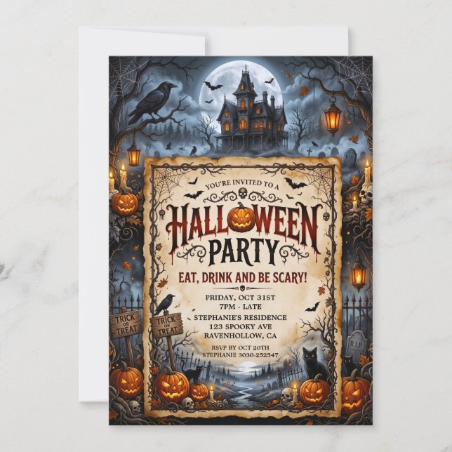 Invitación Fiesta de Halloween Casa Embrujada Murciélagos Gat (Anverso)