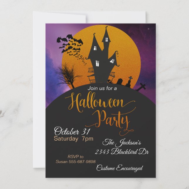 Invitación Fiesta de Halloween Casa Embrujada Murciélagos Nar (Anverso)