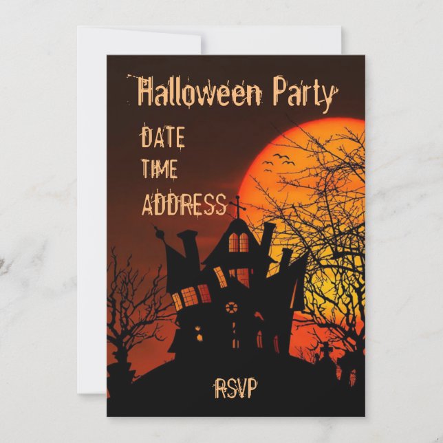 Invitación Fiesta de Halloween Casa negra y naranja (Anverso)