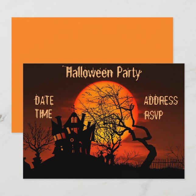 Invitación Fiesta de Halloween Casa negra y naranja (Anverso / Reverso)