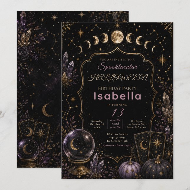 Invitación Fiesta de Halloween Celestial Mística (Anverso / Reverso)