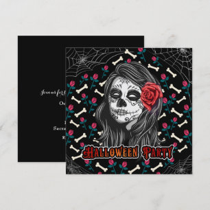 INVITACIÓN FIESTA DE HALLOWEEN CHICA DE CRÁNEO AZUCARADO Y RO