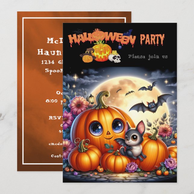 Invitación Fiesta de Halloween Colorida y Editable (Anverso / Reverso)