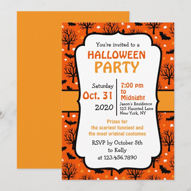 Invitación Fiesta de Halloween con árboles y murciélagos (Anverso / Reverso)