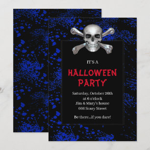 Invitación Fiesta de Halloween con calavera y huesos azules s