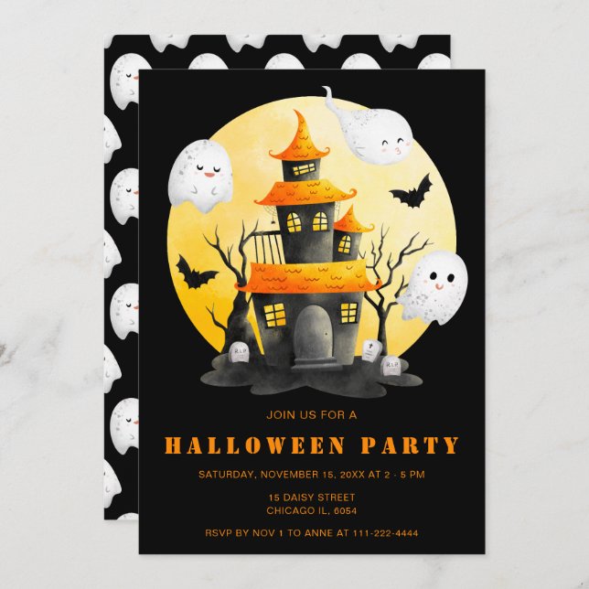 Invitación Fiesta de Halloween con casa y fantasmas perdidos (Anverso / Reverso)