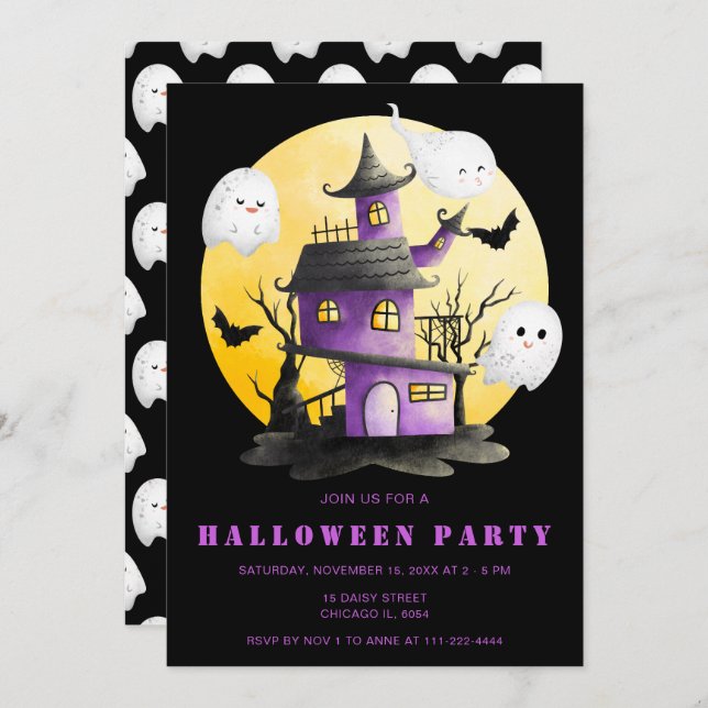 Invitación Fiesta de Halloween con casa y fantasmas perdidos (Anverso / Reverso)