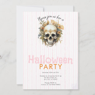 Invitación Fiesta de Halloween con cráneo floral boho rayas r