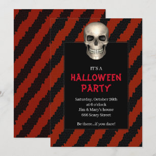 Invitación Fiesta de Halloween con cráneo gótico de franja ro