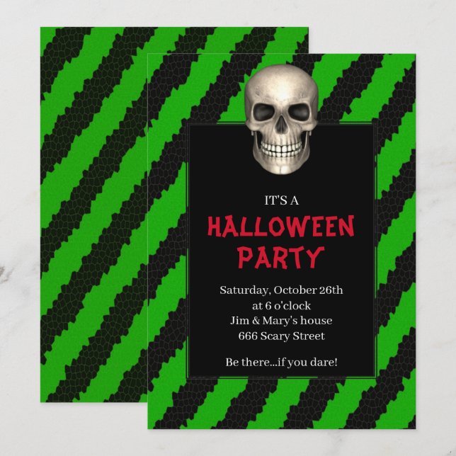 Invitación Fiesta de Halloween con cráneo gótico de franja ve (Anverso / Reverso)