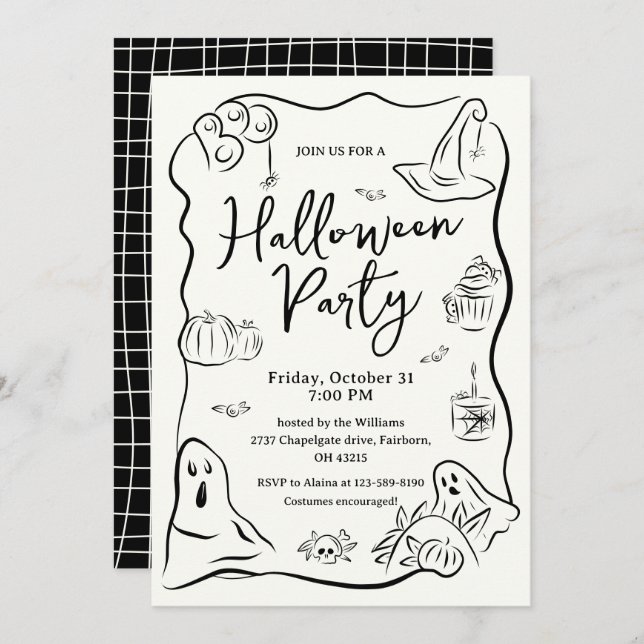 Invitación Fiesta de Halloween con dibujos de Doodle de mano  (Anverso / Reverso)
