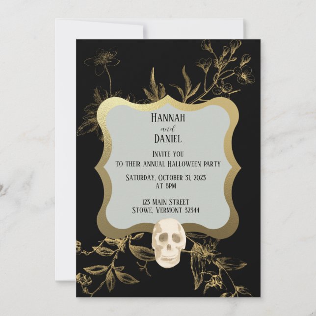 Invitación Fiesta de Halloween con elegancia en negro y oro (Anverso)
