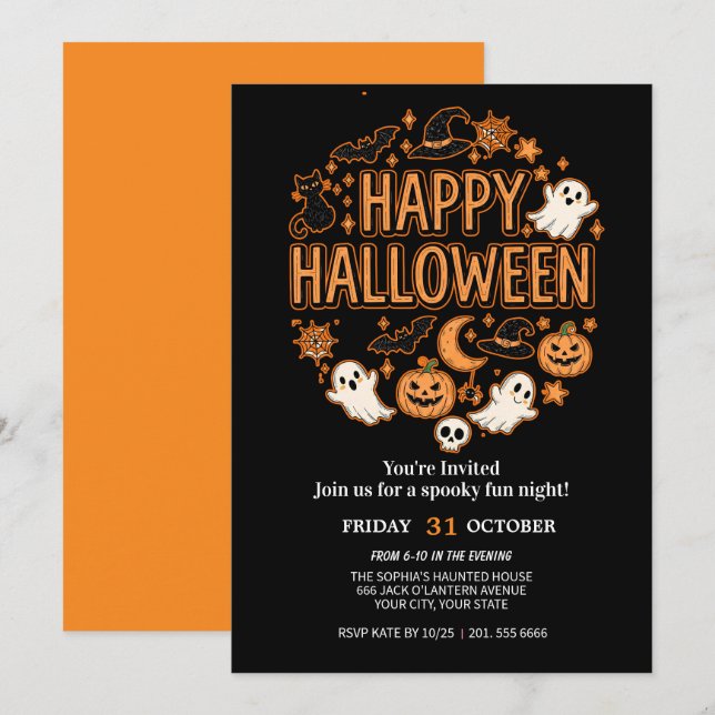Invitación Fiesta de Halloween con fantasía y calabaza (Anverso / Reverso)