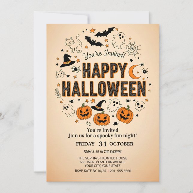 Invitación fiesta de halloween con fantasmas y calabazas ador (Anverso)
