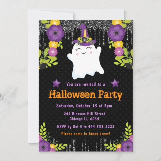 Invitación Fiesta de Halloween con flor fantasma (Anverso)