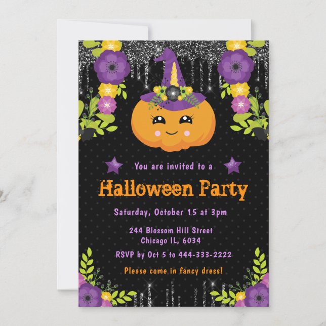 Invitación Fiesta de Halloween con flores de calabaza (Anverso)
