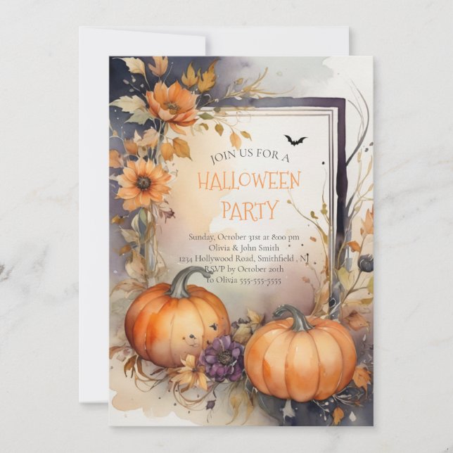Invitación Fiesta de Halloween con flores de calabaza naranja (Anverso)