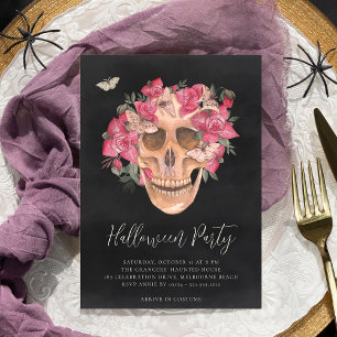 Invitación Fiesta de Halloween con flores de orquídea rosa