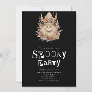 Invitación Fiesta de Halloween con gato boho marrón y follaje