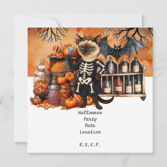Invitación Fiesta de Halloween con Gatos y Tartas (Anverso)