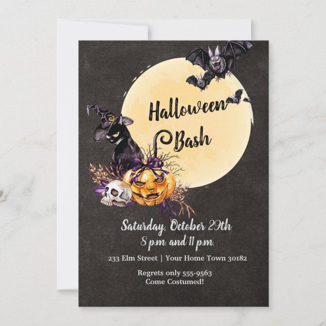 Invitación Fiesta de Halloween con miedo a un gato de la luna (Anverso)