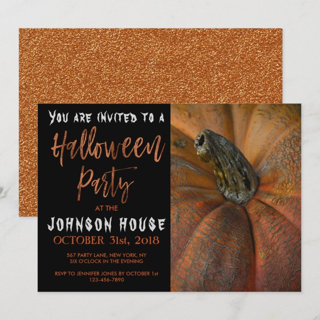 Invitación Fiesta de Halloween con moderna tipografía Naranja (Anverso / Reverso)