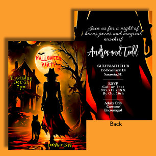 Invitación Fiesta de Halloween con silueta de brujas y gatos