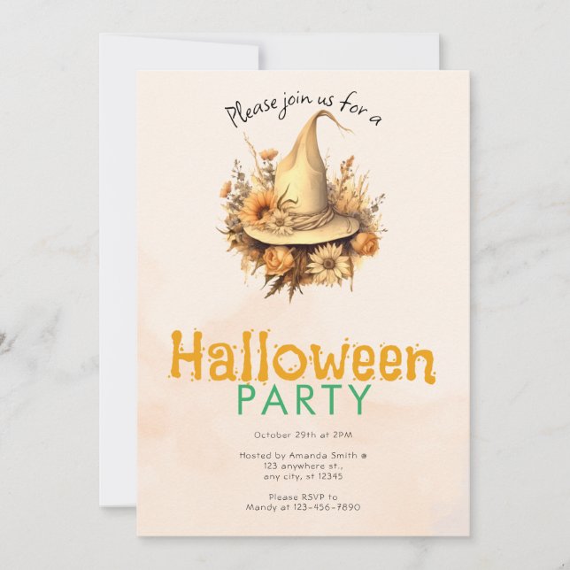Invitación Fiesta de Halloween con sombrero de bruja boho Pre (Anverso)