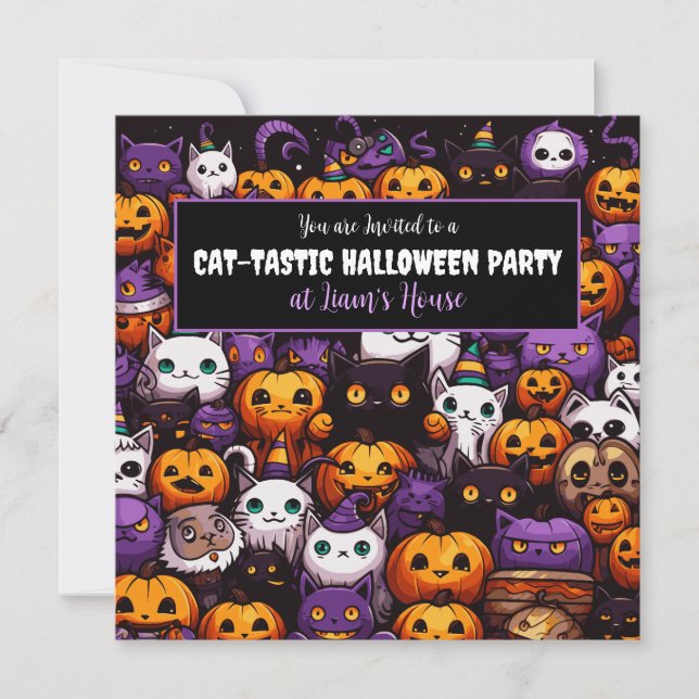 Invitación Fiesta de Halloween con tema de gato bonito (Anverso)