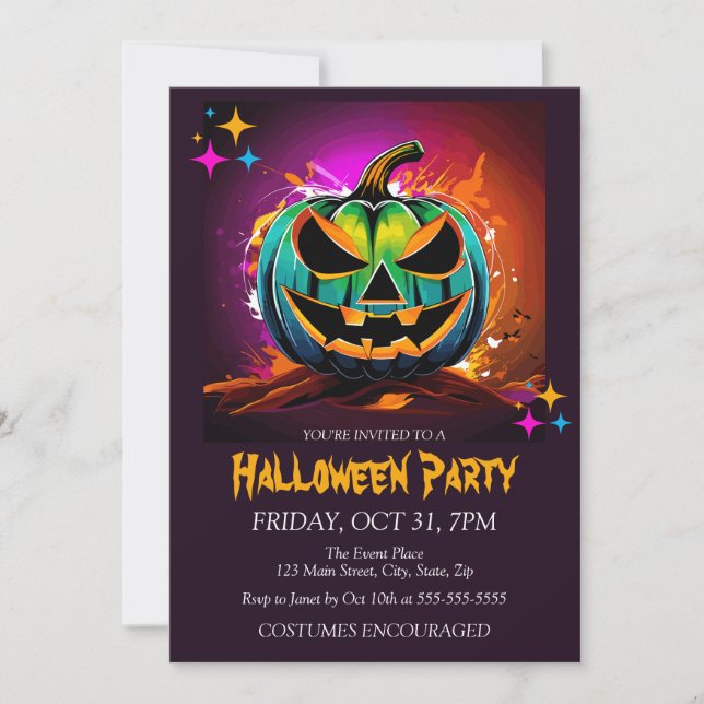 Invitación Fiesta de Halloween con traje de calabaza asqueros (Anverso)