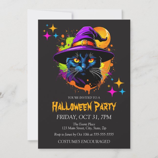 Invitación Fiesta de Halloween con traje de gato negro brujo (Anverso)