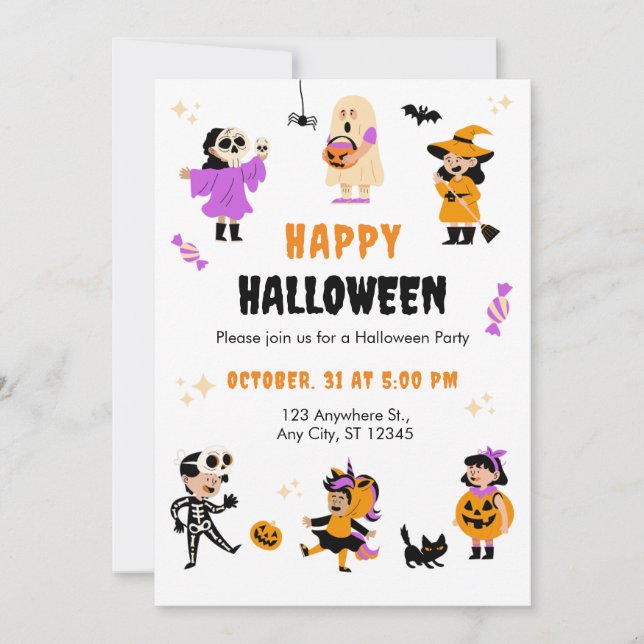 Invitación Fiesta de Halloween con traje negro púrpura naranj (Anverso)