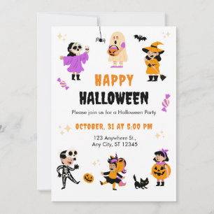 Invitación Fiesta de Halloween con traje negro púrpura naranj