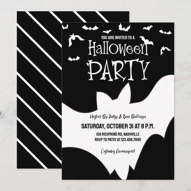 Invitación Fiesta de Halloween con traje negro y blanco espel (Anverso / Reverso)