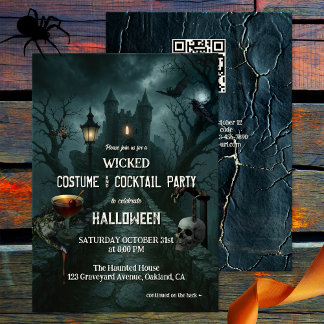 Invitación Fiesta de Halloween con traje y cóctel malvado